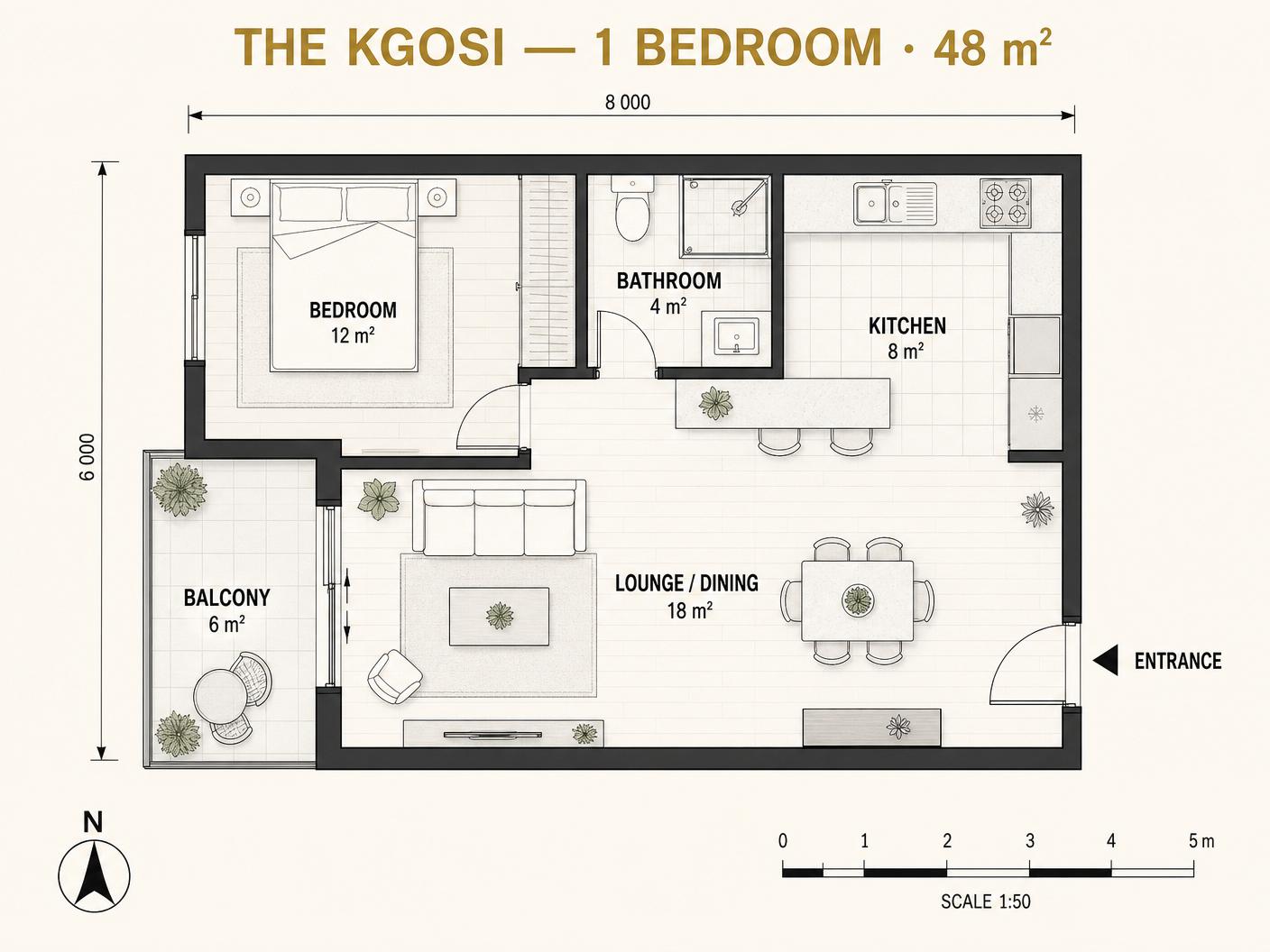 The Kgosi 1 Bedroom floor plan with room labels and square-metre sizes