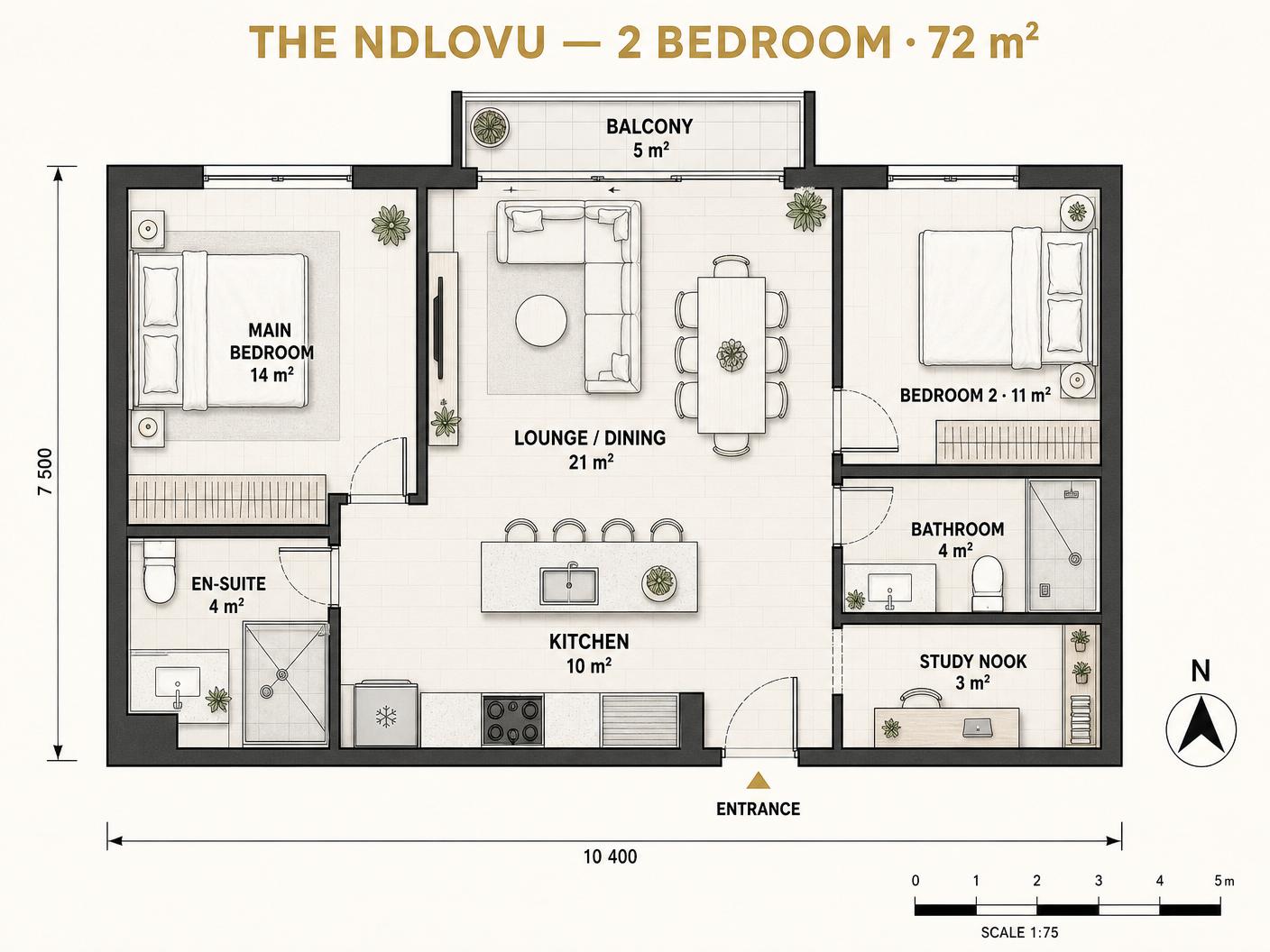 The Ndlovu 2 Bedroom, 2 Bath floor plan with room labels and square-metre sizes