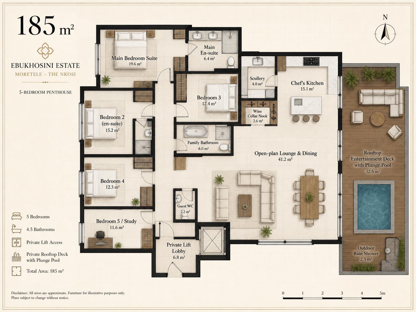 The Nkosi 5 Bed Penthouse floor plan with room labels and square-metre sizes