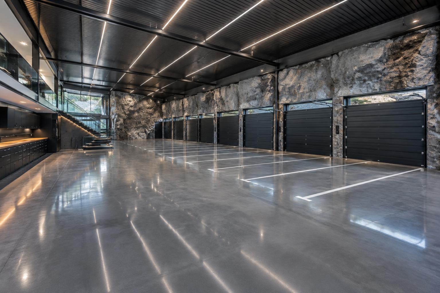 The empty eight-car garage