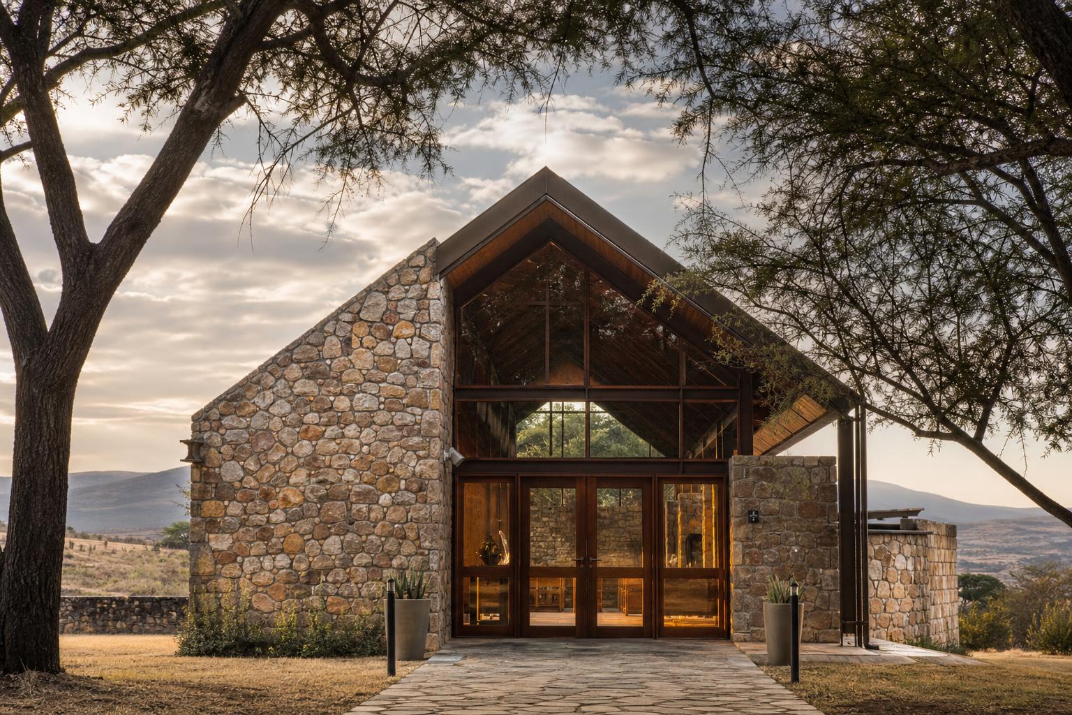 Chapel of Remembrance at dusk with jacaranda tree