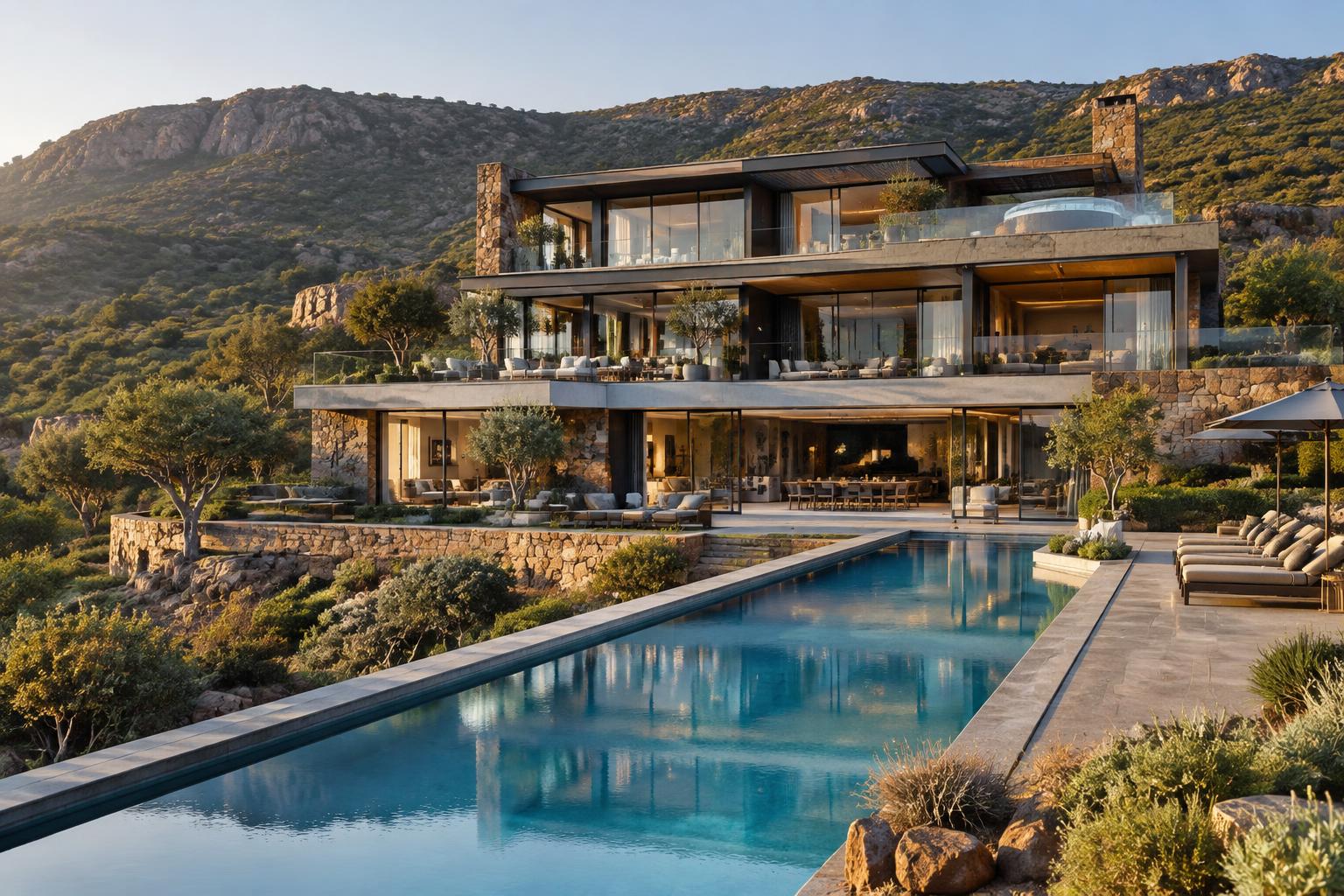 Architectural concept of a three-storey stone and glass residence with a long swimming pool