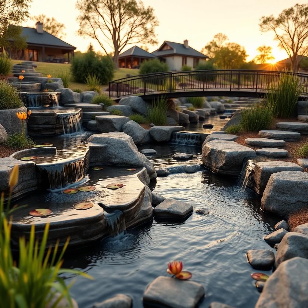 Tiered waterfalls at sunset