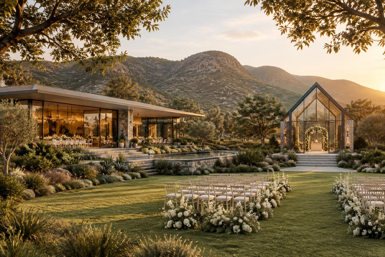Wedding venue concept with a glass chapel, indoor reception pavilion and outdoor ceremony gardens